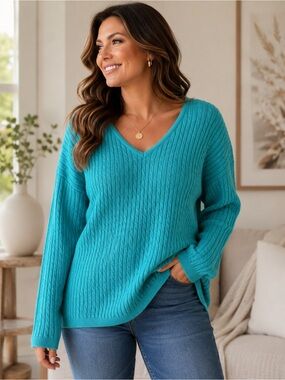 Cotton Country 100% Cotton Turquoise Cable Knit V-Neck Sweater/L/ Made in Canada